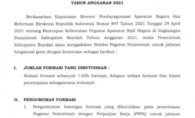 PENGUMUMAN PPPK UNTUK JABATAN FUNGSIONAL GURU KABUPATEN BOYOLALI TAHUN 2021